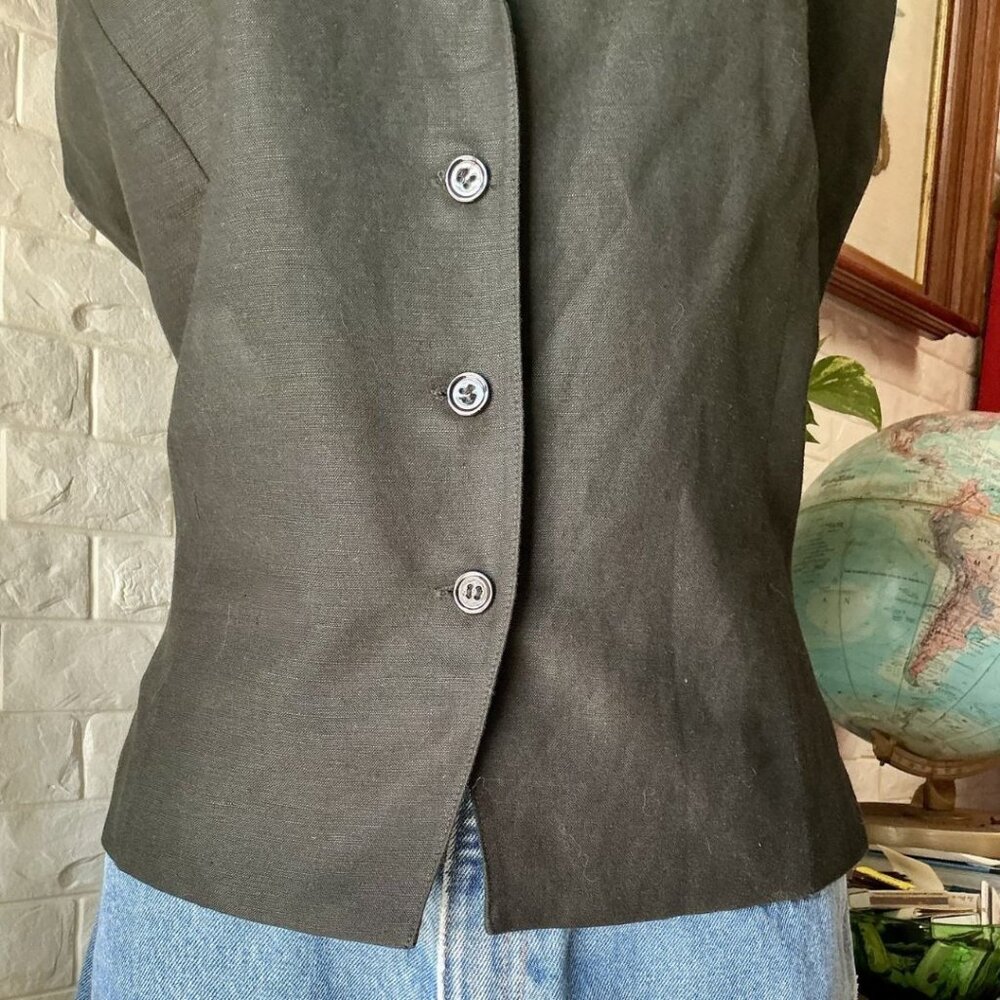 Vintage 1990s Minimalist Kasper Linen Blend Classic Grey Collared Tie Back Vest - Picture 5 of 11